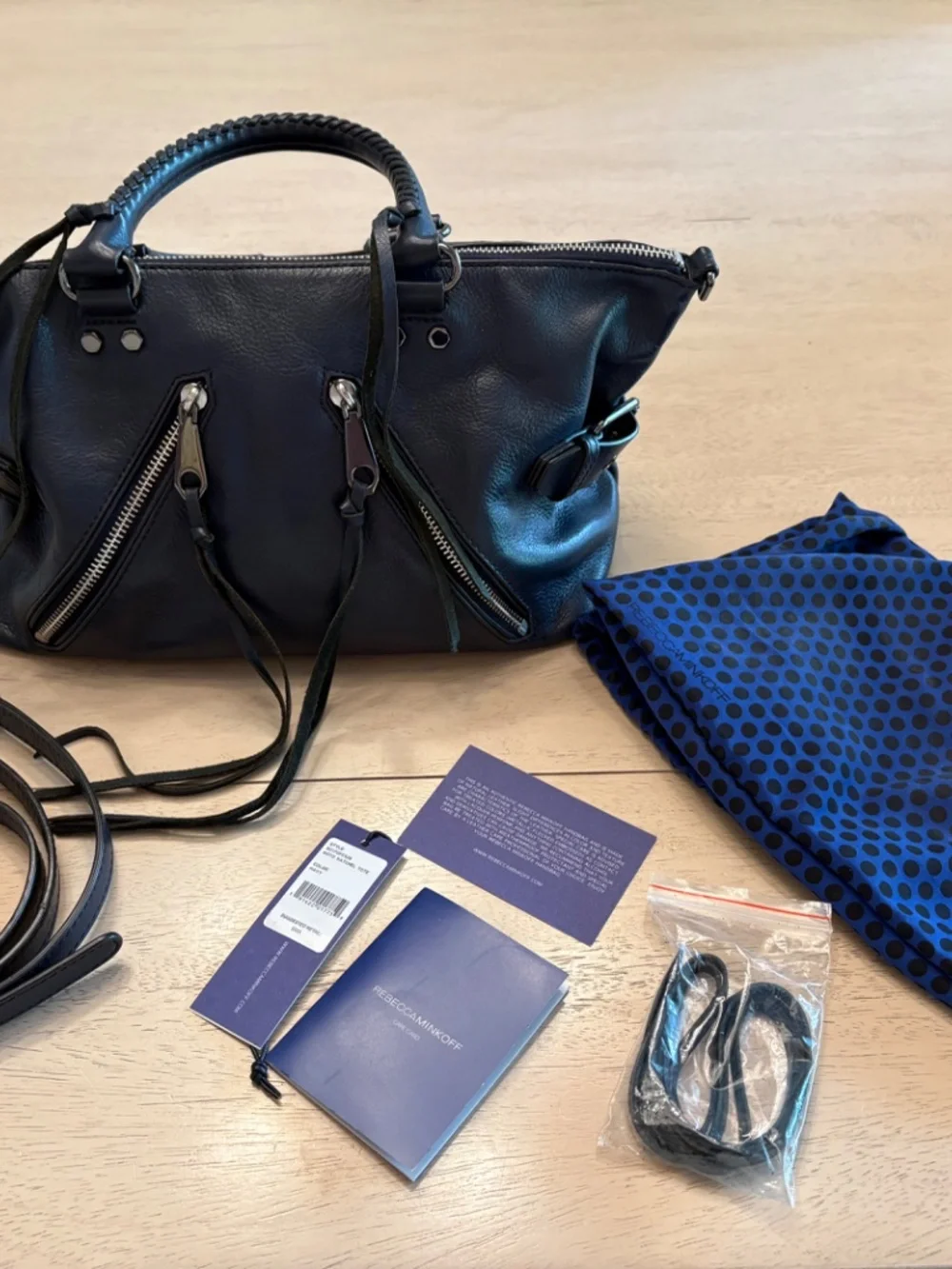 Rebecca Minkoff Moto Satchel Tote Navy Pebbled Leather w/ Strap, Dust Bag